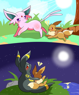 ambiguous_feral ambiguous_gender bar_emanata big_ears black_body black_ears black_fur black_tail blush brown_body brown_ears brown_eyes brown_fur brown_tail cheek_tuft day detailed_background dipstick_tail duo ear_markings emanata facial_tuft feral forehead_gem forked_tail full_moon fur gem grass grey_inner_ear kemono leg_markings looking_at_another markings monotone_body monotone_fur monotone_tail moon multicolored_body multicolored_ears multicolored_fur multicolored_tail nature neck_tuft night open_mouth open_smile outside pink_body pink_ears pink_fur pink_tail plant purple_eyes quadruped red_eyes ruff running side_view sitting sky smile standing star starry_sky sun tail tail_markings tan_body tan_fur tan_tail tan_tail_tip tree tuft two_tone_body two_tone_ears two_tone_fur two_tone_tail unusual_anatomy unusual_tail water yellow_body yellow_ears yellow_fur yellow_markings yellow_tail ambilly_aniki nintendo pokemon canid eevee eeveelution espeon felid feline generation_1_pokemon generation_2_pokemon mammal pokemon_(species) umbreon 2026 5:6 absurd_res cel_shading colored digital_media_(artwork) hi_res multiple_scenes shaded parent_(lore) parent_and_child_(lore)