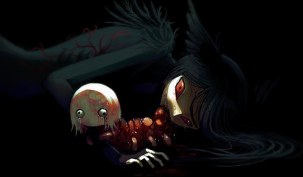 5_fingers ambiguous_gender birth black_background black_body black_ears black_feathers black_hair blood blood_from_mouth blood_in_mouth blood_on_body bodily_fluids constricted_pupils cross-eyed duo feathered_ears feathers feral fingers gore hair head_feathers head_wings horror_(theme) light live_birth long_hair looking_at_viewer lying male male_birth male_humanoid on_side oral_birth pupils red_sclera simple_background skinny_humanoid skinny_male small_pupils straight_hair tears tears_of_pain unusual_wing_placement vein wings jejejunum pest_(jejejunum) animal_humanoid humanoid nethermare proto-nethermare worm 2026 dark_theme digital_media_(artwork) digital_painting_(artwork) english_description firealpaca_(artwork) half-length_portrait hi_res lighting painting_(artwork) portrait shaded