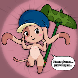 anthro blush clothing female female_anthro flat_chested genitals hammer hat headgear headwear looking_at_viewer lying nipples nude nude_anthro nude_female on_back smile solo text tools vulva weapon young young_anthro young_female scarr_(artist) final_fantasy final_fantasy_xii square_enix cu_sith_(ffrw) canid canine canis domestic_dog mammal 1:1 2026 english_text hi_res