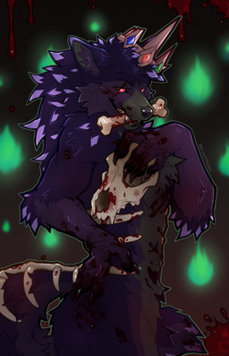 anthro black_claws blood blood_in_mouth blood_on_claws blood_on_face blood_on_hand bodily_fluids bone bone_in_mouth bone_mask claws crime crime_scene crown eye_scar facial_scar fluffy fluffy_ears fluffy_tail fur hair headgear holidays mask purple_body purple_fur purple_hair red_eyes scar skull skull_accessory skull_head skull_mask tail pocketshiba halloween canid canine mammal absurd_res hi_res