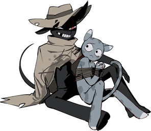ambiguous_gender anthro arms_tied black_body black_ears black_tail blue_body bottomless bound brown_clothing brown_poncho brown_topwear clothed clothing cowboy_hat dipstick_ears ear_markings grin hat headgear headwear markings missing_tooth multicolored_ears nervous poncho poncho_only red_eyes rope simple_background sitting size_difference smile solo striped_markings striped_tail stripes tail tail_markings topwear white_background kukio475097 mewgenics zodiac_(mewgenics) domestic_cat felid feline felis mammal 2026 hi_res