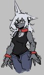 5_fingers alternate_form anthro anthrofied arm_scar arm_tuft black_clothing black_shirt black_tank_top black_topwear bottomwear breasts chain clothed clothed_anthro clothed_female clothing collar cuffs_(clothing) elbow_tuft eye_scar facial_scar female female_anthro fingers front_view fur grey_background grey_body grey_ears grey_fur grey_hair hair looking_at_viewer narrowed_eyes notched_ear pants scar shirt simple_background sleeveless_shirt solo tank_top topwear tuft unbuttoned unbuttoned_pants derpyfox_36 mythology yukio_(derpyfox_36) canid canine mammal mythological_canine mythological_creature werecanid werecanine werecreature werewolf 2022 digital_drawing_(artwork) digital_media_(artwork) portrait three-quarter_portrait