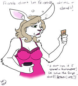 anthro arms_bent big_breasts blonde_hair breasts card chaosconfetti cleavage clothed clothing drunk female fur green_eyes hair holding_card holding_object holding_single_card long_hair magic:_the_gathering_card simple_background solo substance_intoxication text trading_card trading_card_game white_background white_body white_fur ravindra hasbro magic:_the_gathering wizards_of_the_coast emily_floyd lagomorph leporid mammal rabbit english_text hi_res sketch