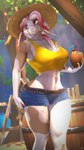 anthro bendy_straw beverage big_breasts bottomwear braided_hair braided_ponytail breasts brown_body brown_fur clothing cocktail_garnish cocktail_umbrella crop_top curvy_figure denim denim_bottomwear denim_clothing denim_shorts drinking_straw female fingerless_(marking) fur hair hat headgear headwear highlights_(coloring) holding_beverage holding_object hourglass_figure midriff multicolored_body multicolored_fur plant ponytail red_eyes red_hair red_highlights shirt shorts smile solo standing straw_hat thick_thighs topwear tree two_tone_body two_tone_fur white_body white_fur white_hair wide_hips yellow_clothing yellow_topwear conditional_dnp domibun warfare_machine ali_(domibun) warfare_goat bovid caprine goat mammal 3d_(artwork) 4k 9:16 absurd_res digital_media_(artwork) hi_res source_filmmaker_(artwork)