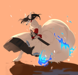 anthro black_clothing black_hair blue_eyes blue_fire clothed clothing colored_fire female fire fur hair holding_melee_weapon holding_object holding_sword holding_weapon melee_weapon motion_blur mouth_closed multi_tail multicolored_tail narrowed_eyes orange_background red_clothing shadow simple_background solo standing sword tail unsigned weapon white_body white_clothing white_fur corzh77 canid mammal absurd_res full-length_portrait hi_res portrait