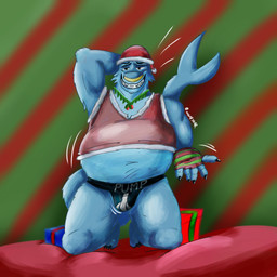 anthro belly big_belly holidays jockey male overweight pose solo larrymaxs christmas max_upshur fish marine shark 1:1 absurd_res hi_res pinup