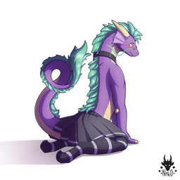 all_fours anthro blush bottomwear clothed clothing collar crossdressing kneeling legwear looking_back male simple_background skirt solo topless topless_male white_background n1k0 angels_with_scaly_wings mythology ipsum_(awsw) dragon eastern_dragon mythological_creature mythological_scalie scalie