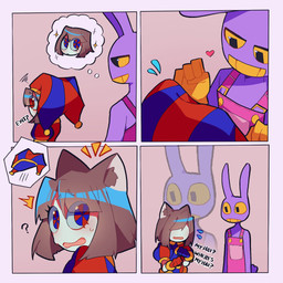 4_panel_comic alternate_species anthro bar_emanata biped blue_eyes blush bodily_fluids brown_body brown_fur brown_hair clothed clothing dialogue duo emanata embarrassed female flying_sweatdrops fool's_hat frustration_cloud fur hair hat headgear headwear heterochromia humanoidized humor imagination looking_at_another looking_back looking_back_at_another male pupils purple_body purple_fur question_mark red_eyes removing_hat shocked short_hair sparkles species_confusion surprised sweat sweatdrop text thought_bubble wearing_hat white_body white_skin yellow_sclera maplemersh26 glitch_productions the_amazing_digital_circus jax_(tadc) pomni_(tadc) animal_humanoid cat_humanoid felid felid_humanoid feline feline_humanoid humanoid lagomorph leporid mammal mammal_humanoid rabbit 1:1 2023 comic english_text hi_res unavailable_at_source
