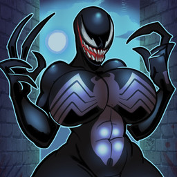 abs alley big_breasts black_body black_skin breasts brick brick_wall claws curvy_figure female huge_breasts long_fingers moon night not_furry open_mouth open_smile sharp_teeth smile solo teeth voluptuous voluptuous_female wall_(structure) white_body white_skin wide_hips mister_feelgood marvel spider-man_(series) she-venom venom_(marvel) alien alien_humanoid humanoid monster symbiote 1:1 hi_res