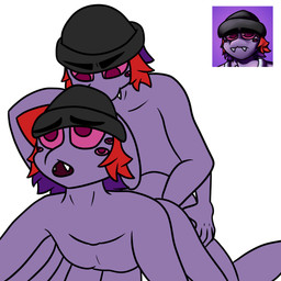 all_fours anthro beanie clone clothing doggystyle duo fangs from_behind_position hair hat hat_only headgear headgear_only headwear headwear_only looking_down looking_up male male/male mostly_nude multi_arm multi_eye multi_limb multicolored_hair nude open_mouth purple_body purple_eyes purple_hair selfcest sex simple_background square_crossover teeth white_background quickiebomb quickiebomb_(character) arachnid arthropod spider 1:1 2023 absurd_res colored digital_drawing_(artwork) digital_media_(artwork) hi_res