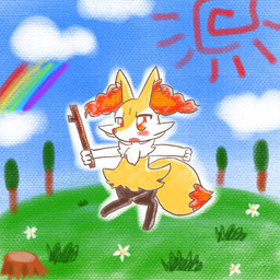 3_fingers ambiguous_anthro ambiguous_gender anthro arm_tuft biped black_body black_fur blush cheek_tuft chest_tuft cloud detailed_background digitigrade dipstick_tail facial_tuft fingers flower fur grass hip_tuft holding_object holding_stick inner_ear_fluff markings multicolored_body multicolored_fur no_pupils nude_ambiguous nude_anthro open_mouth orange_body orange_eyes orange_fur orange_inner_ear_fluff orange_tail_tip outline outside plant pointy_ears prick_ears rainbow shoulder_tuft side_view simple_background sky solo stick sun tail tail_markings tapering_snout textured_background tree tree_stump tuft two_tone_tail walking white_body white_fur yellow_body yellow_fur yellow_tail annyui0611 nintendo pokemon braixen canid generation_6_pokemon mammal pokemon_(species) 1:1 2021 cel_shading colored digital_drawing_(artwork) digital_media_(artwork) full-length_portrait hi_res japanese_description portrait shaded translated_description
