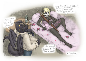 accessory anthro bed bedroom_eyes body_writing bottle bottomwear breasts clothed clothing container cup dialogue drinking_glass duo feet female fingers flower fur furniture glass glass_container glass_cup hair half-closed_eyes holding_melee_weapon holding_object holding_sword holding_weapon horn lingerie looking_at_another lying male male/female melee_weapon membrane_(anatomy) membranous_wings narrowed_eyes necktie object_in_mouth on_back on_bed panties pants plant romantic romantic_ambiance seductive shirt smile speech_bubble spread_legs spreading standing sword tail text toes topwear underwear undressing_self weapon wings meowmere mythology bear dragon giant_panda mammal mythological_creature mythological_scalie scalie english_text hi_res