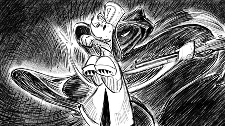 anthro bandanna_on_forehead bayonet bodily_fluids cloak clothing duo female hat headgear headwear knife knife_to_throat male military_uniform muffler scared sweat uniform weapon dragonweirdo puck_(dragonweirdo) canid canine canis domestic_dog domestic_ferret mammal mustelid musteline true_musteline weasel 16:9 comic hi_res monochrome widescreen