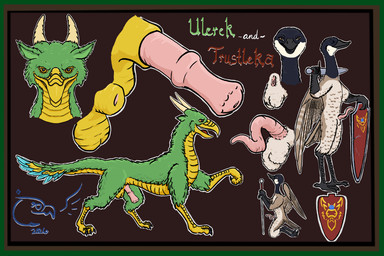 animal_genitalia animal_penis anthro balls beak border coat_of_arms duo equine_genitalia equine_penis feathered_balls feathered_ears feathers feet feral genitals green_body green_border green_feathers holding_melee_weapon holding_object holding_sword holding_weapon hors kneeling looking_at_viewer male male/male melee_weapon orange_eyes penis scales scuted_arms scuted_legs scutes sheath shield simple_background slit_penis spiral_penis standing sword tail tail_feathers talons tan_body tan_feathers teal_body teal_feathers text toes weapon wings yellow_body yellow_feathers yellow_scales tzair_(artist) mythology trustleka_(tzair) ulerek_(tzair) anatid anseriform anserine avian bird canada_goose dragon feathered_dragon feathered_scalie goose mythological_creature mythological_scalie scalie wingless_dragon 2026 3:2 model_sheet signature