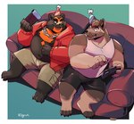 2024 anthro bear belly big_belly black_nose bottomwear canid canine canis clothing controller domestic_dog duo furniture game_controller german_shepherd hat headgear headwear herding_dog hi_res hoodie kemono male mammal nintendo nintendo_switch overweight overweight_male party_hat pastoral_dog realiron_(artist) shirt shorts sitting sofa topwear