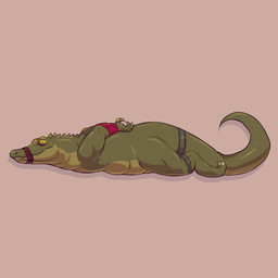 anthro bdsm bondage bound long_tail lying lying_on_ground male male/male nervous nervous_smile on_ground pecs restrained scales sharp_teeth solo tail teeth ventral_scales ikaro wallace crocodilian reptile scalie 1:1 absurd_res hi_res