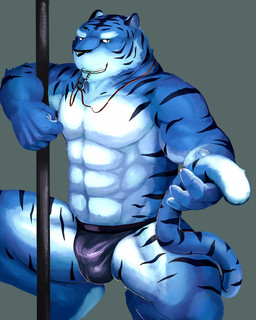 abs anthro biceps black_nose blue_body blue_fur bulge claws clothed clothing crouching fist front_view fur glistening grey_background hair holding_tail key latex looking_at_viewer male mouth_hold muscular muscular_anthro muscular_male naughty_face navel pecs pole pose simple_background solo spread_legs spreading stripes stripper tail thong topless underwear yellow_eyes inukami felid mammal pantherine tiger 2013 4:5 hi_res pinup
