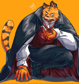 anthro big_muscles blood bodily_fluids bottomwear cloak clothed clothing collared_shirt costume crouching crown dress_shirt fangs footwear fur headgear holidays long_sleeves male muscular muscular_anthro muscular_male narrowed_eyes pants shadow shirt shoes simple_background smile smirk solo teeth topwear tuft vampire_costume vest yellow_background teseirei beastars halloween bill_(beastars) bengal_tiger felid mammal pantherine tiger vampire 2022 hi_res