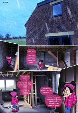 abandoned_building anthro building clothed clothing coat detailed_background dialogue dialogue_box eyelashes female fur gloves handwear hat headgear headwear house open_mouth photo_background raincoat raining solo speech_bubble tail text topwear leogcady disney minnie_mouse house_mouse mammal mouse murid murine rodent 2024 comic digital_media_(artwork) english_text hi_res photography_(artwork)