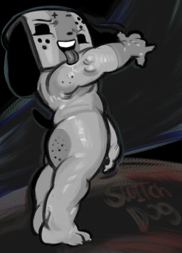 abstract_background anthro butt feet freckled_arms freckled_butt freckles genitals grey_body licking looking_at_viewer male open_mouth penis self_lick solo text toes tongue tongue_out nintendo nintendo_switch switch_dog animate_inanimate canid canine canis domestic_dog mammal hi_res