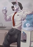 animal_genitalia anthro balls big_balls big_bulge big_sheath blue_eyes bulge clothed clothing fully_sheathed genitals huge_balls hyper hyper_balls hyper_genitalia male necktie office sheath smile solo water_cooler purplepardus bullsworth asinus donkey equid equine mammal 2021 digital_media_(artwork) hi_res