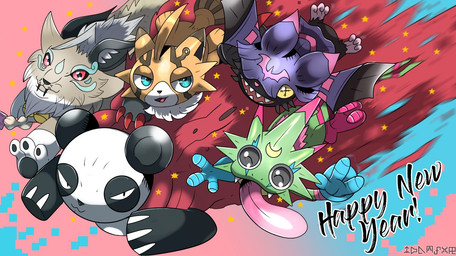 anthro black_body black_fur brown_body brown_fur cloak clothing cowl female feral fur green_body group long_tongue male open_mouth orange_body orange_fur sharp_teeth smile teeth tongue wings phatmon66 bandai_namco digimon digimon_beatbreak chiropmon cougarmon digimon_(species) gekkomon pandamon pristimon scalie