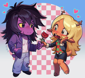 5_fingers ahoge anthro antlers biped black_bottomwear black_clothing black_footwear black_hair black_shirt black_shoes black_skirt black_topwear blonde_hair blush blush_lines border bottomwear brown_body brown_ears brown_eyes brown_fur buckteeth checkered checkered_background checkered_clothing checkered_sweater checkered_topwear chibi claws closed_smile clothed clothed_anthro clothed_female clothing cloven_hooves denim denim_bottomwear denim_clothing duo eye_through_hair eyelashes female female/female finger_claws fingers flower footwear fully_clothed fully_clothed_anthro fully_clothed_female fur gradient_border hair hand_in_pocket hand_on_cheek happy heart_symbol holding_flower holding_object holding_rose hooves horn jacket jeans long_hair looking_at_another mouth_closed offering_rose open_mouth open_smile outside_border outstretched_hand pants pattern_background pattern_clothing pattern_sweater pattern_topwear pencil_skirt plant pockets purple_body purple_clothing purple_jacket purple_topwear red_nose rose_(flower) scut_tail shirt short_tail simple_background skirt small_tail smile standing sweater sweater_vest tail teeth text topwear torn_bottomwear torn_clothing torn_jeans torn_pants translucent translucent_hair vest white_clothing white_shirt white_topwear yellow_sclera erinartista deltarune undertale_(series) noelle_holiday susie_(deltarune) deer mammal new_world_deer reindeer scalie 2025 artist_name digital_media_(artwork) full-length_portrait hi_res portrait screentone shaded
