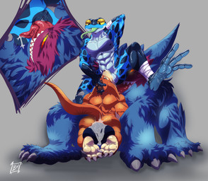 3_toes anal anal_penetration anthro balls big_balls blue_body bodily_fluids claws cum cum_in_ass cum_inside eyes_closed feet genital_fluids genitals group group_sex hands_behind_head holding_head male male/male oral orange_body penetration rimming sex simple_background sitting straps threesome toes tongue tongue_out trio yellow_eyes lazaxus activision rivals_of_aether skylanders wildstar gusho pop_fizz ranno amphibian chua frog monster absurd_res hi_res