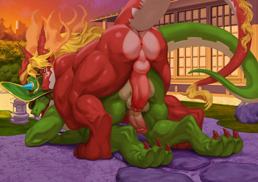 anthro anthro_on_anthro anus backsack balls big_penis biped blonde_hair blue_eyes brown_hair butt claws clothing duo erection evening feet genitals glans grass green_body hair hat headgear headwear humanoid_genitalia humanoid_penis imminent_anal long_hair looking_at_another male male/male muscular muscular_anthro muscular_male non-mammal_balls nude_anthro nude_male open_mouth outside outside_sex penis perineum plant red_body sex shrub smile tail tan_body toe_claws toes window pandarita bushiroad future_card_buddyfight mythology fire_sword_doble wind_bow_meglax dragon mythological_creature mythological_scalie scalie absurd_res colored hi_res shaded