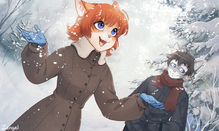 anthro blue_eyes brown_hair clothed clothing cute_fangs duo fangs female freckles fur gloves grey_body grey_fur hair hand_in_pocket hands_in_both_pockets handwear jacket male open_mouth open_smile orange_body orange_fur orange_hair outside pink_nose plant pockets scarf smile snow snowing teeth topwear tree whiskers white_body white_fur winter iskra edgar_(iskra) vera_(iskra) domestic_cat felid feline felis mammal tabby_cat 2016 5:3 digital_media_(artwork) shaded story story_in_description