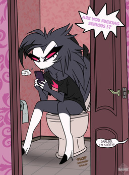 annoyed anthro apology bathroom beak electronics feathers female fur grey_body grey_feathers grey_fur hair implied_scat morning onomatopoeia pajama_shirt phone plop pooping pooping_in_toilet profanity sitting sitting_on_toilet solo sound_effects text toilet toilet_paper toilet_use using_phone walk-in thedispenser69 hellaverse helluva_boss octavia_(helluva_boss) avian avian_demon bird owl owl_demon absurd_res hi_res