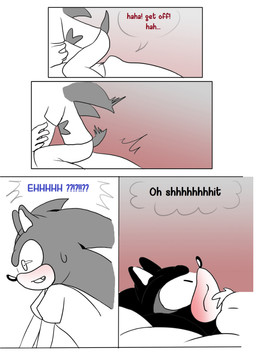 5_fingers anthro big_eyes big_head bulge clothed clothing dialogue duo erection erection_under_clothing fingers gloves handwear interrobang male male/male text thought_bubble tickling toony didichann sega sonic_the_hedgehog_(series) shadow_the_hedgehog sonic_the_hedgehog eulipotyphlan hedgehog mammal comic english_text
