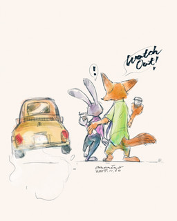anthro barefoot bottomwear car clothed clothing container cup dialogue duo feet fully_clothed fur holding_container holding_cup holding_object outside pants rear_view shirt simple_background speech_bubble tan_background text topwear vehicle year amarimo disney zootopia judy_hopps nick_wilde canid canine fox lagomorph leporid mammal rabbit red_fox true_fox 2019 4:5 dated english_text hi_res signature