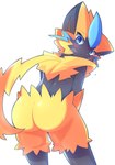 ambiguous_gender anthro big_butt black_body black_fur blue_body blue_eyes blue_fur blush blush_lines butt butt_focus fur glistening glistening_body glistening_fur lightning_bolt_tail looking_at_viewer looking_back rear_view solo yellow_body yellow_fur bakeneko1212 nintendo pokemon felid feline generation_7_pokemon legendary_pokemon mammal pokemon_(species) zeraora absurd_res hi_res