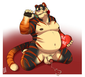 anthro balls belly bodily_fluids box_of_chocolates candy chocolate countershade_crotch countershade_face countershade_torso countershading cum dessert erection flower flower_in_mouth food fur genital_fluids genitals glans gradient_background holding_flower holding_object holidays humanoid_genitalia humanoid_penis male male_anthro nipples nude overweight overweight_anthro overweight_male penis plant rose_(flower) rose_in_mouth simple_background solo striped_body striped_fur stripes tail kronexfire valentine's_day max_the_tiger felid mammal pantherine tiger 2018
