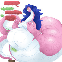 4_fingers after_vore apode belly big_belly blue_hair breasts duo far female female_pred fingers hair legless pink_body serpentine simple_background speech_bubble text vase vore white_background yellow_sclera grindaviking nightmarebros draconcopode naga reptile scalie snake 1:1 2023 hi_res