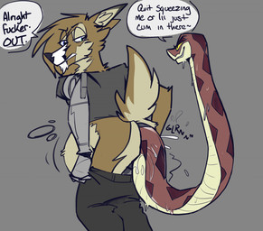 anal anal_fluids anal_vore angry anthro belly black_nose blue_eyes bodily_fluids bottomwear brown_body brown_fur clothed clothing dialogue duo eyebrows feral fur green_eyes grey_background heterochromia inner_ear_fluff male male/male multicolored_body multicolored_fur pants prosthetic prosthetic_limb shirt simple_background smile smirk speech_bubble tail tan_inner_ear_fluff text topwear tuft vore yellow_eyes topazknight red_(topazknight) deer mammal reptile scalie snake english_text