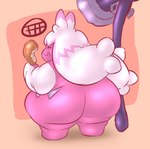 big_butt butt drumstick_(food) eating eyes_closed female food hair hammer holding_food holding_object holding_weapon maul not_furry overweight overweight_female overweight_humanoid pink_body pink_hair simple_background solo tools weapon white_hair narkuuserkai nintendo pokemon generation_9_pokemon humanoid pokemon_(species) tinkaton 2023 hi_res