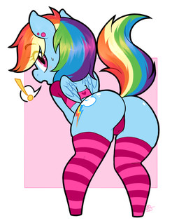 anthro bent_over big_butt blue_body blue_feathers blush blush_lines bodily_fluids butt chibi clothing cutie_mark ear_piercing exclamation_point eye_through_hair feathered_wings feathers female footwear hair legwear looking_back multicolored_hair multicolored_tail panties pattern_clothing pattern_footwear pattern_legwear pattern_socks piercing pink_clothing pink_eyes pink_panties pink_underwear rainbow_hair rainbow_tail raised_tail small_wings socks solo stockings striped_clothing striped_footwear striped_socks stripes sweat sweatdrop tail thick_thighs translucent translucent_hair underwear wide_hipped_female wide_hips wings collaredginger friendship_is_magic hasbro my_little_pony mythology rainbow_dash_(mlp) equid equine mammal mythological_creature mythological_equine pegasus 2020 digital_media_(artwork) hi_res