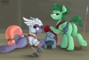anus armor axe butt clothed clothing cutie_mark duo eyelashes female feral genitals green_body green_hair hair headgear helmet looking_at_viewer looking_back lying melee_weapon on_front polearm pupils quadruped smile spear tail vulva weapon wings dosh hasbro my_little_pony mythology equid equine mammal mythological_creature mythological_equine pegasus hi_res