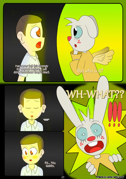 anthro cartoon_freckles clothing dialogue duo eyelashes female freckled_face freckles long_eyelashes male male/female robe robe_only sigh surprised text otakon_(artist) angel_hare the_east_patch angel_gabby jonah_whitman angel human lagomorph leporid mammal rabbit comic english_text hi_res