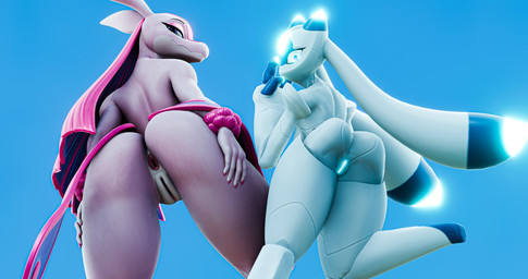 anthro anus big_butt blue_background blue_body blue_eyes blue_genitals blue_markings blue_vulva butt duo eyelashes female female_anthro fingers fur genitals glowing glowing_eyes glowing_genitalia glowing_vulva hair hand_on_butt looking_at_viewer looking_back looking_back_at_viewer looking_down low-angle_view markings multicolored_body multicolored_ears nails nude nude_anthro pink_anus pink_body pink_fur pink_hair pink_skin pink_vulva presenting presenting_hindquarters presenting_vulva purple_eyes rear_view short_tail simple_background smile tail thick_thighs vulva white_body thedirtyant nintendo palworld pocketpair pokemon lovander mammal pal_(species) pokemon_(species) scalie 3d_(artwork) absurd_res digital_media_(artwork) hi_res