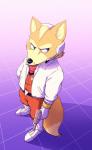 anthro clothed clothing fur jacket male prosthetic prosthetic_limb shirt simple_background solo standing topwear habiyeru nintendo star_fox fox_mccloud canid canine canis fox mammal 2019 absurd_res digital_media_(artwork) hi_res