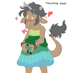 accessory anthro biped blush bracelet broken_horn brown_body brown_fur chest_tuft clothed clothing dress ear_piercing female flat_chested fur green_clothing green_dress grey_hair grey_horn hair hair_accessory hairclip heart_symbol horn jewelry multicolored_clothing multicolored_dress necklace orange_eyes piercing short_hair simple_background smile solo tail text tuft white_background manitka manitka_storm bovid bovine cattle mammal 1:1 2021 artist_name dated digital_media_(artwork) hi_res