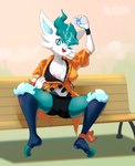 anthro beverage big_breasts blue_body blue_eyes blue_fur breasts female fur nipples one_eye_closed pouring pouring_onto_self simple_background solo water white_body white_fur kneadsuru nintendo pokemon cinderace generation_8_pokemon lagomorph mammal pokemon_(species) absurd_res hi_res