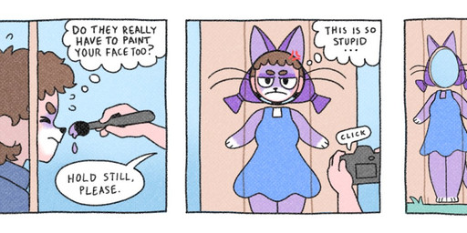 4_panel_comic anthro blue_clothing blue_dress bodypaint breasts brush camera clothed clothing dialogue digitigrade disembodied_hand dress duo face_paint female fur gender_transformation hair holding_camera holding_object human_to_anthro male mtf_transformation offscreen_character paintbrush purple_body purple_fur purple_hair questionable_consent species_transformation surprised text transformation whiskers popstick domestic_cat felid feline felis human mammal 2023 comic digital_media_(artwork) english_text hi_res