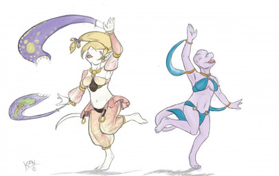 albino anthro blonde_hair bottomwear breasts clothed clothing collar dancer_outfit dancing duo feet female fur gold_(metal) gold_jewelry hair harem harem_jewelry harem_outfit harem_pants jewelry lizard_tail loincloth long_hair midriff navel non-mammal_breasts open_mouth pink_body raised_arm rat_tail sash silk silk_dancing simple_background small_breasts tail toes topwear translucent translucent_clothing white_body white_fur kazen101 final_fantasy final_fantasy_ix square_enix shannon_(bahumot) burmecian kobold mammal murid murine rat reptile rodent scalie digital_media_(artwork)