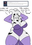 anthro ask_blog asriel_dreemurr_(god_form) big_breasts black_sclera bodily_fluids boss_monster_(undertale) bovid breasts caprine clothed clothing crossgender curvy_figure embarrassed english_text fangs female floppy_ears fur goat hair hair_over_eye heart_(marking) heart_symbol horn huge_breasts mammal markings mtf_crossgender one_eye_obstructed robertge solo sweat teeth text undertale undertale_(series) voluptuous white_body white_fur wide_hips