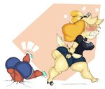 angry animal_crossing anthro big_butt blonde_hair blush breasts bully bullying butt canid canine canis cushion_(purpsyoshi) domestic_dog dominant dominant_female duo female fur hair hi_res huge_butt human isabelle_(animal_crossing) larger_anthro larger_female male mammal nintendo nipple_outline purple_yoshi_draws sharp_teeth short_tail size_difference smaller_human smaller_male tail teeth thick_thighs underbutt yellow_body yellow_fur