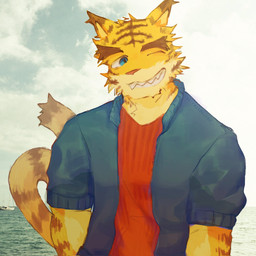 anthro blue_clothing blue_eyes blue_topwear clothing dipstick_tail fur male markings multicolored_body multicolored_fur one_eye_closed open_mouth open_smile photo_background pink_nose red_clothing red_topwear sea smile solo tail tail_markings tan_body tan_fur topwear water yellow_body yellow_fur wik4d morenatsu torahiko_ooshima felid mammal pantherine tiger 2026 hi_res mixed_media photography_(artwork)